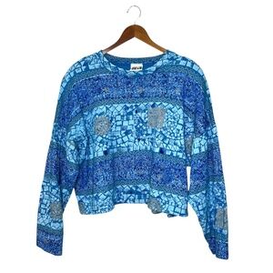 Vintage 90's Border Line Blue Aztec Mosaic Pattern Surf Boxy Crop Sweatshirt L